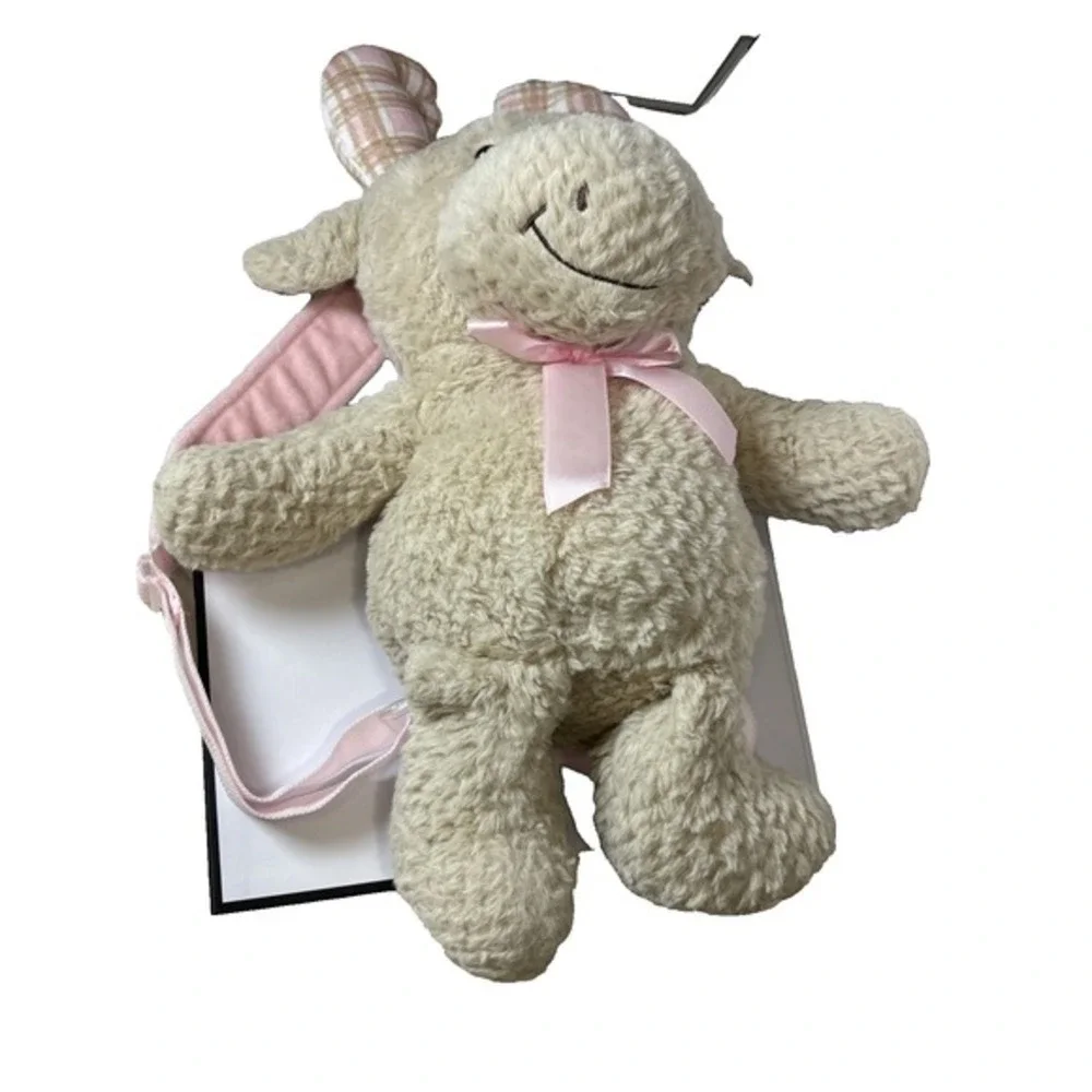 Tan Moose Plush Backpack‎ Pink Plaid Antlers Sherpa Faux Fur Stuffed Animal Bag